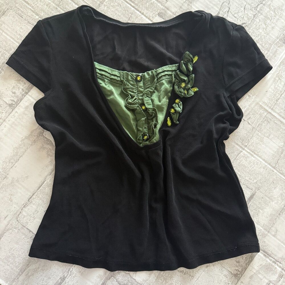 Y2K Black and Green Stretchy Short Sleeve Ribbed Top Shirt No Sz
